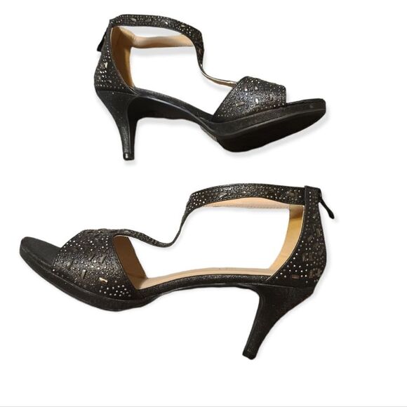 Black Crystal Studded Glitter T-strap Wedding Formal Heels Size 8.5 - Picture 3 of 7